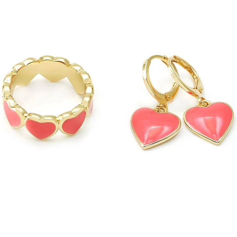 Set de bijuterii inimioare emailat coral